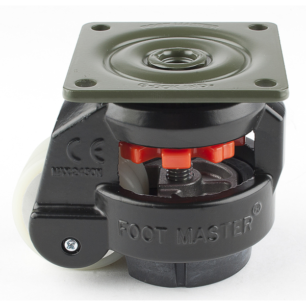 Foot Master Leveling Caster, 50 mm Polyurethane Wheel, 73x73 mm Plate, Swivel, 280 kg Cap, NBR Foot Pad, Black GD-60-F-HUP-FBL